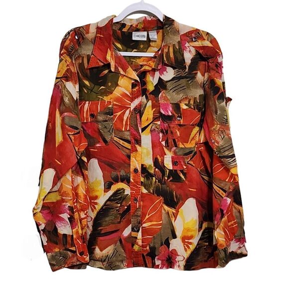 Chico's top tropical pink & orange button down 16 - Picture 1 of 4